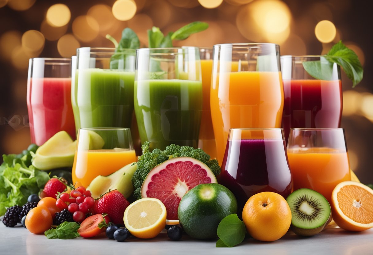 A variety of fruits and vegetables arranged around a glass of colorful juice, with labels indicating key nutrients for digestive health