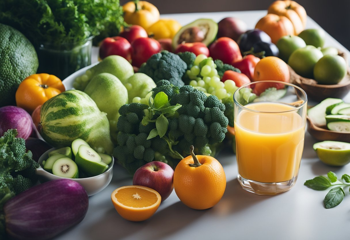 A table with a variety of colorful fruits and vegetables, a blender, and a glass of freshly made juice. A yoga mat and a water bottle are also present, suggesting a healthy lifestyle