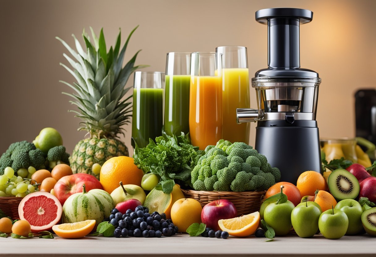 A variety of fruits and vegetables arranged on a table, with a juicer and glasses filled with colorful juices, surrounded by digestive supplements and herbs