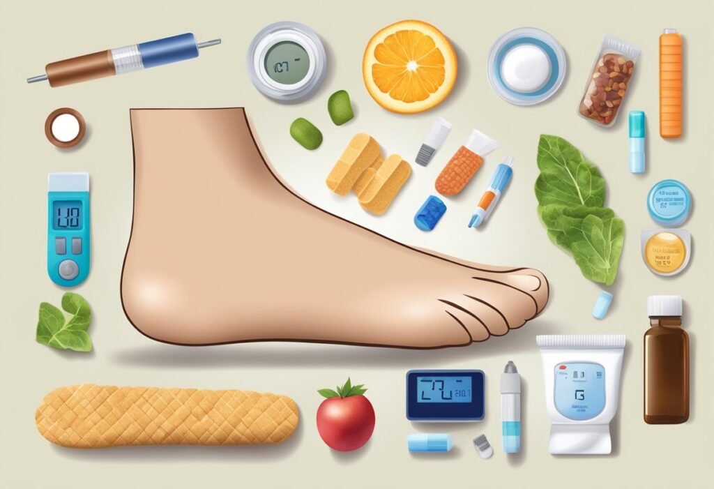 A foot with calluses, surrounded by diabetes-related items like insulin, glucose monitor, and healthy food.